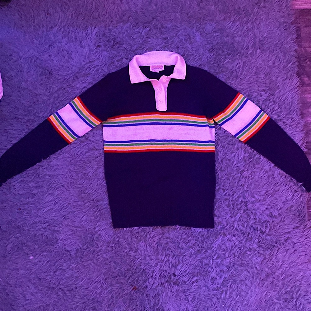 Blue and rainbow knitted collared shirt, size medium
